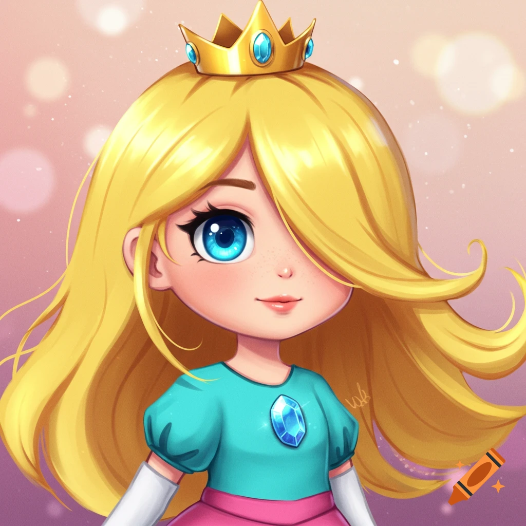 A cute princess with long blonde hair, blue eyes, a crown, and a teal dress.