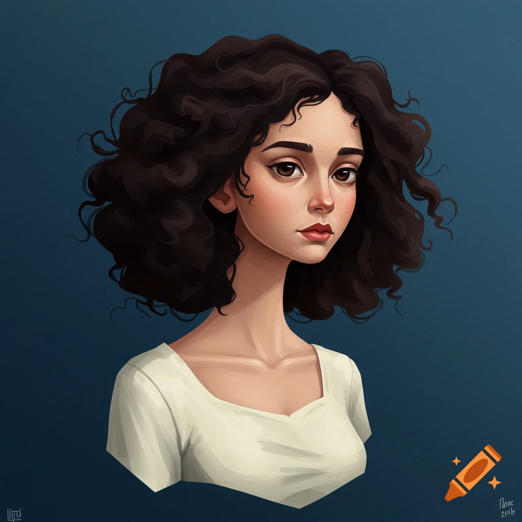 A stylized digital portrait of a woman with curly dark hair.