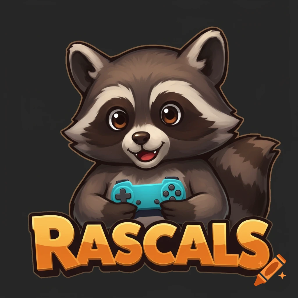 A cartoon raccoon holds a blue game controller with the text RASCALS below it, in a logo style.