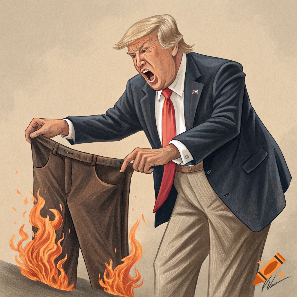 A caricature of Donald Trump holding up a pair of pants that are on fire.