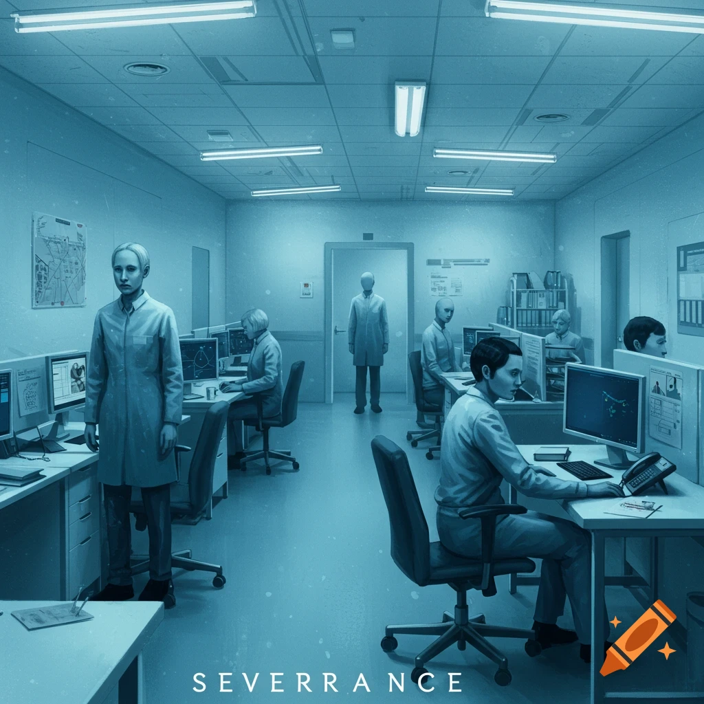 People in lab coats working at computers in a sterile, blue-toned office. Text reads SEVERRANCE.