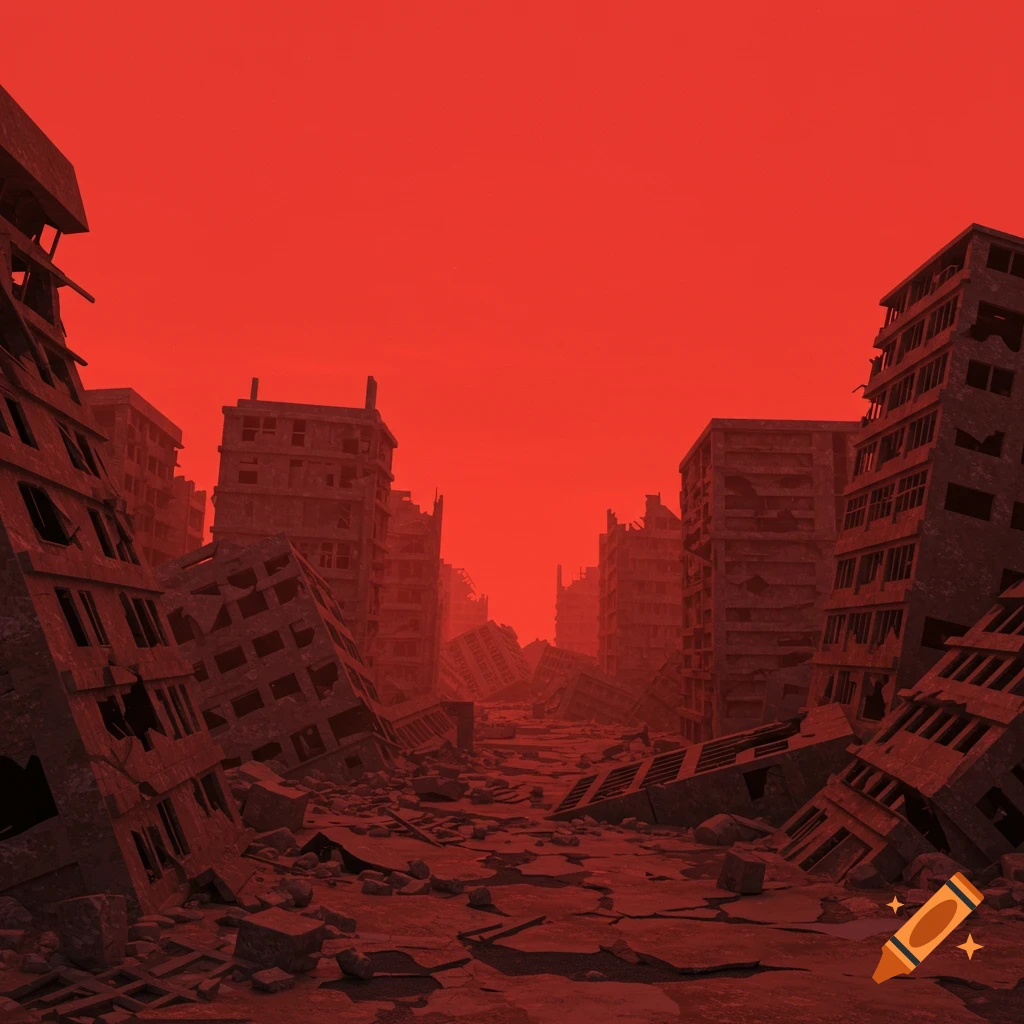 3D anime style image of a ruined city with collapsed buildings under a red sky