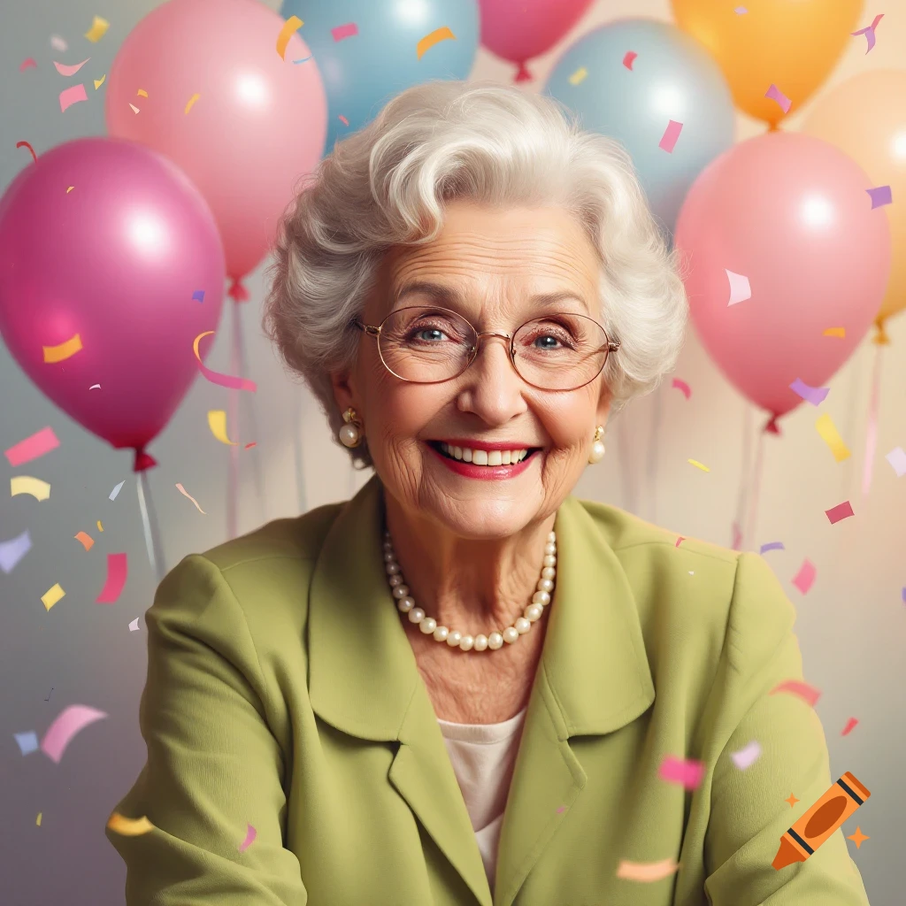 Smiling elderly woman in a green blazer and pearls with balloons and confetti