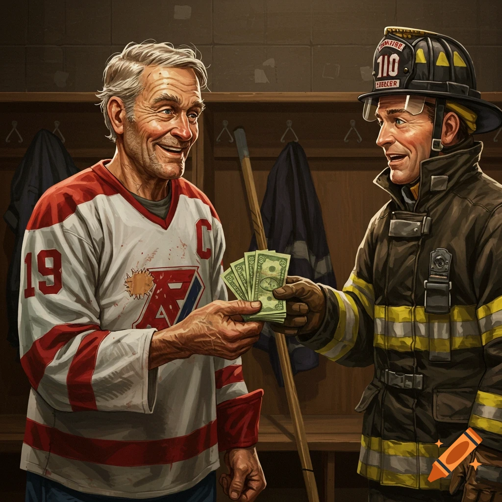 An old hockey player gives money to a firefighter in a locker room.