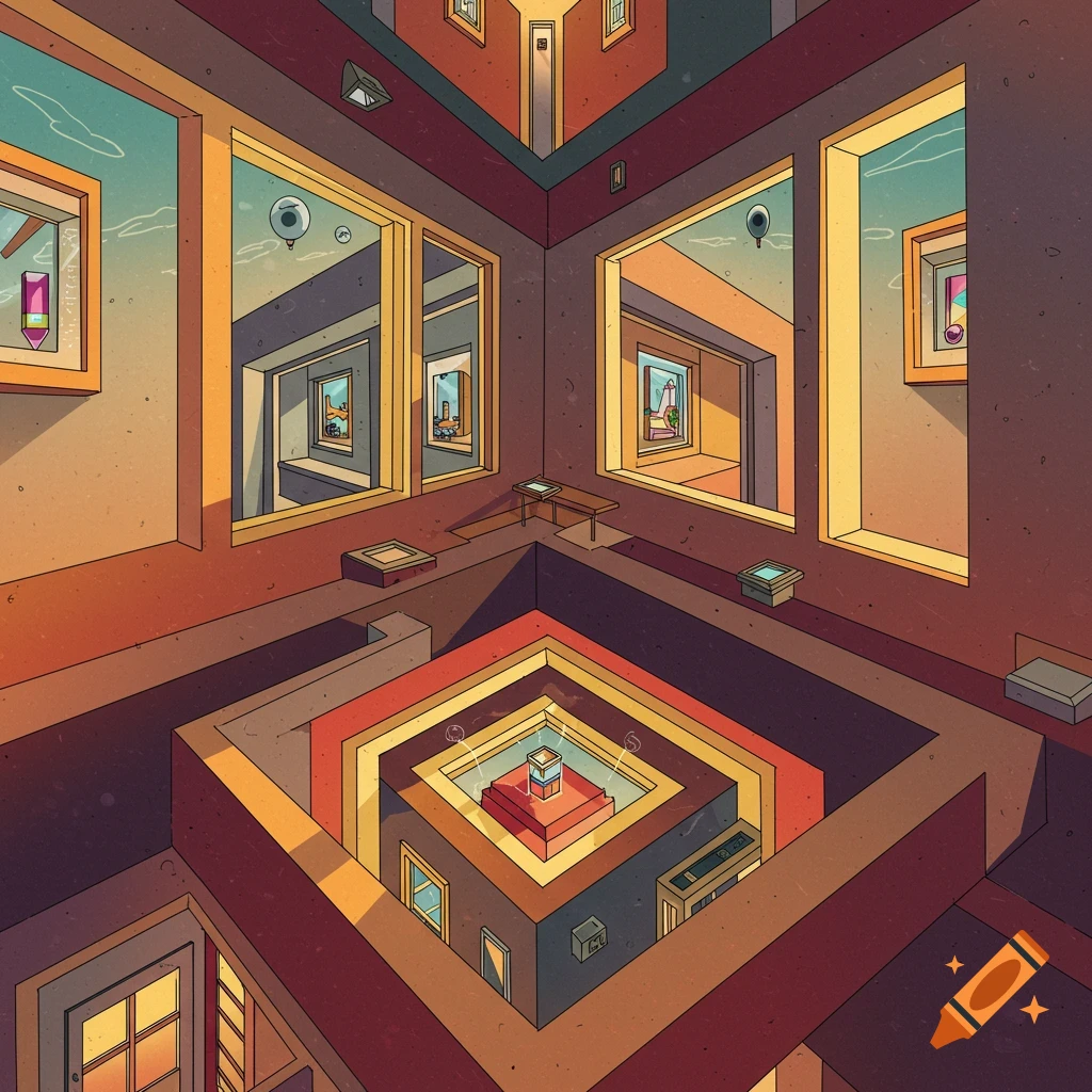 An optical illusion featuring interconnected hallways and windows.