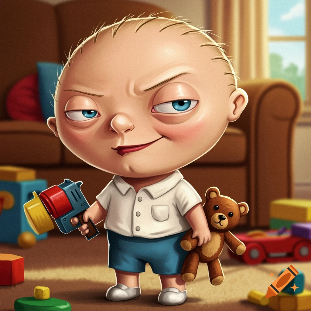 A stylized depiction of a mischievous baby holding a toy gun and teddy bear in a living room filled with toys.