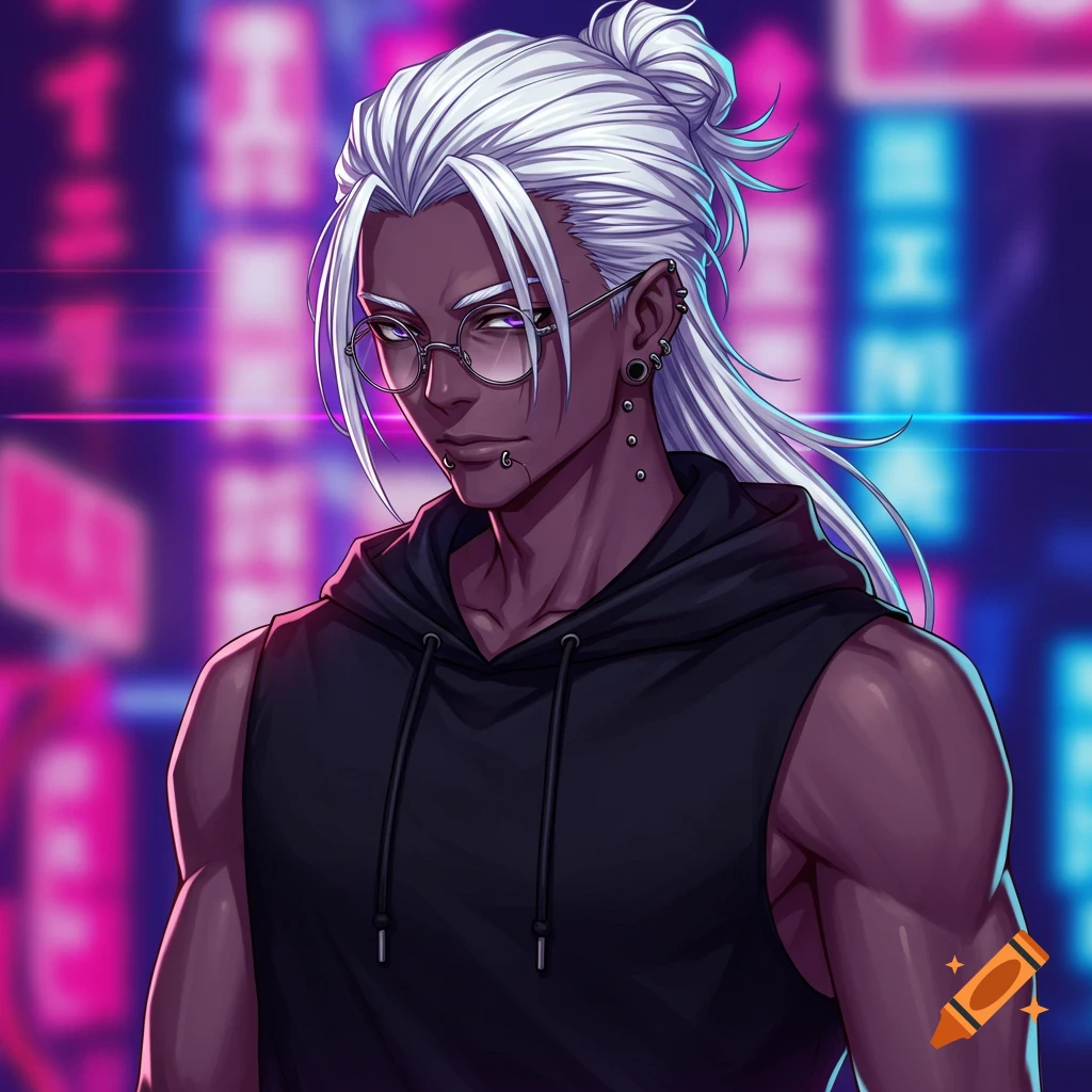 Anime portrait of a black man with white hair in a bun, glasses, piercings, and a black sleeveless hoodie in front of neon lights.
