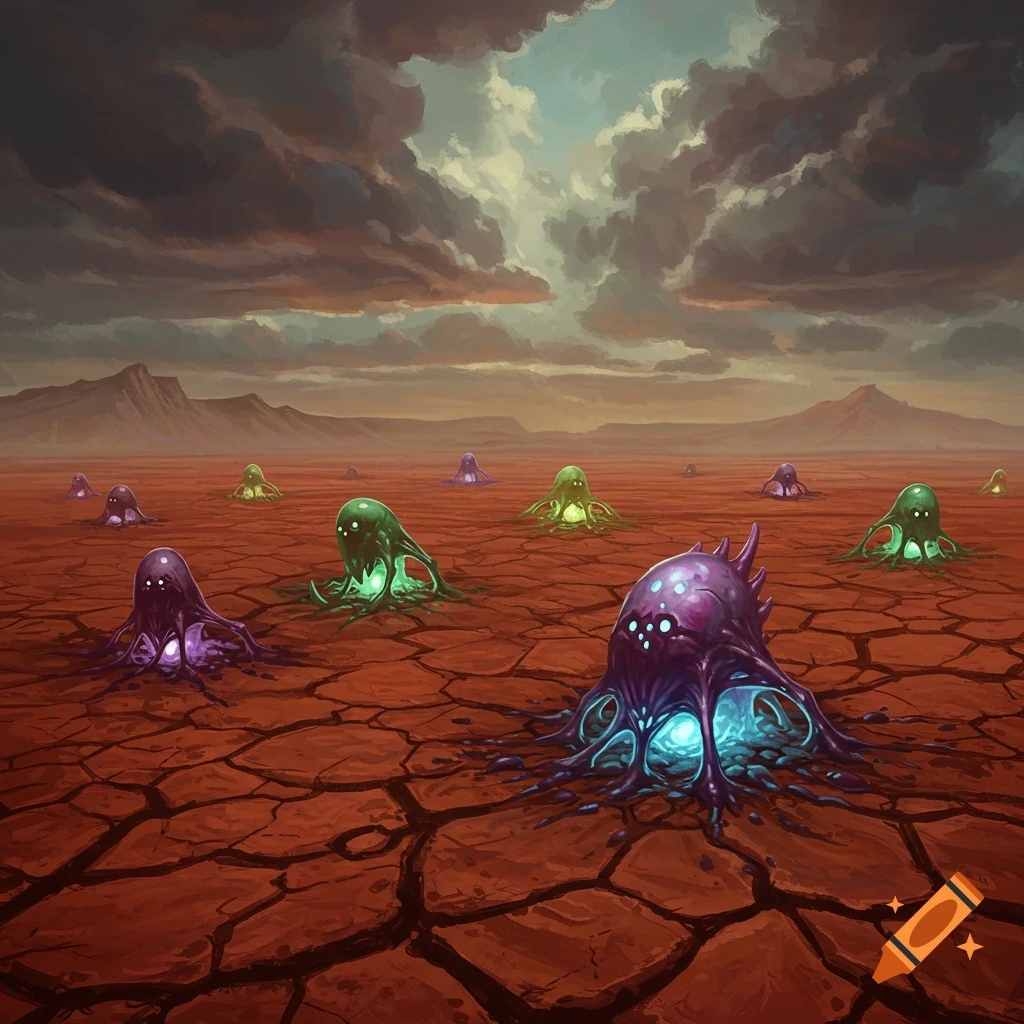 Fantasy creatures on a cracked red landscape under a stormy sky.