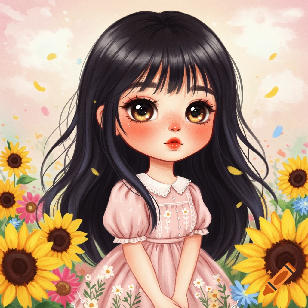 A cute girl with long black hair and amber eyes in a pink dress, surrounded by sunflowers and flowers.