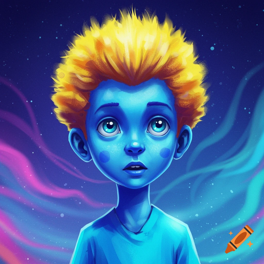A blue-skinned boy with yellow hair is shown in a swirling space background.