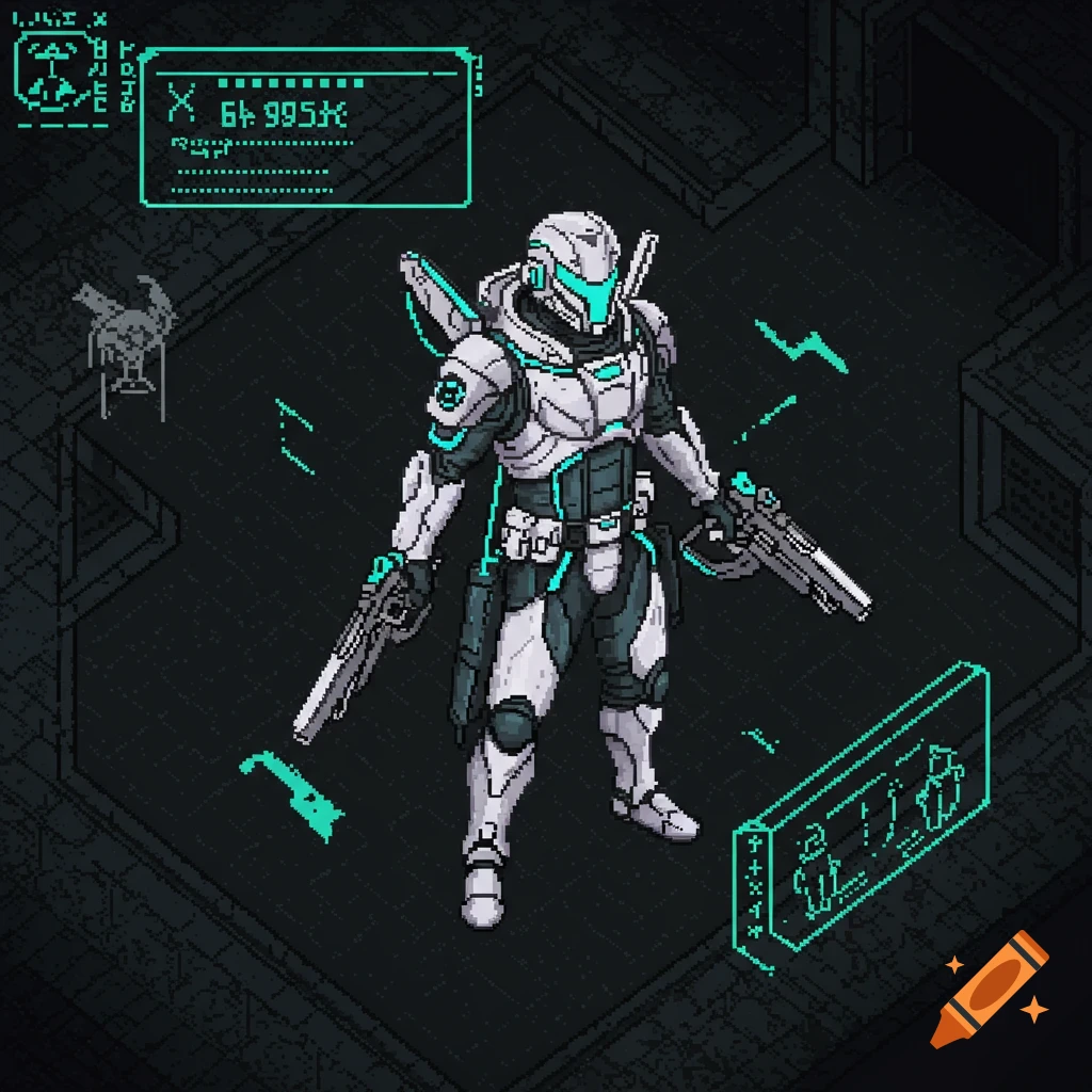 Pixel art of a futuristic character in armor holding guns