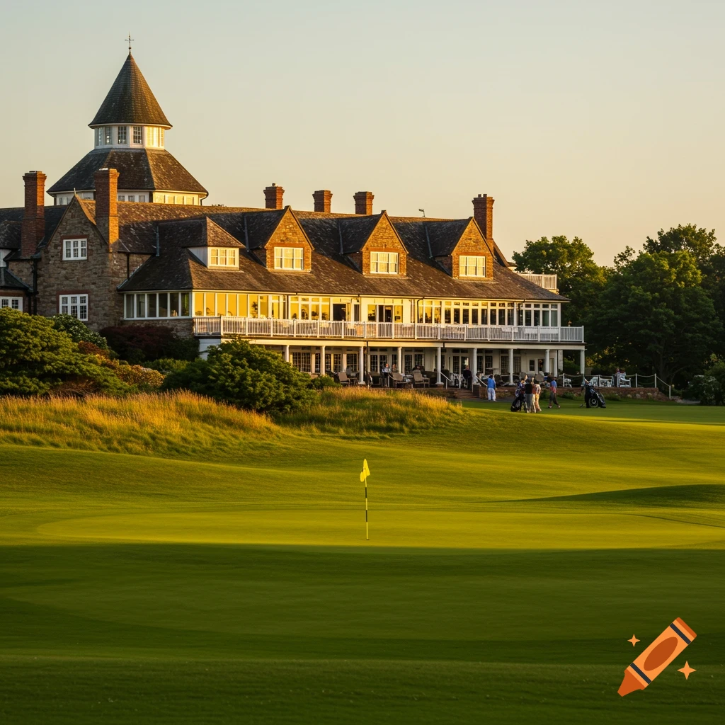 A golf course green with a flag in the foreground, and a large clubhouse on a hill behind it at sunset.