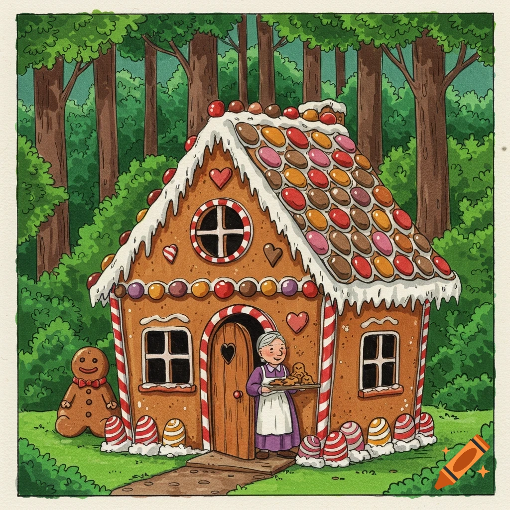 An illustration of a colorful gingerbread house in a forest, with an old woman holding a tray of cookies in the doorway and a gingerbread man nearby.