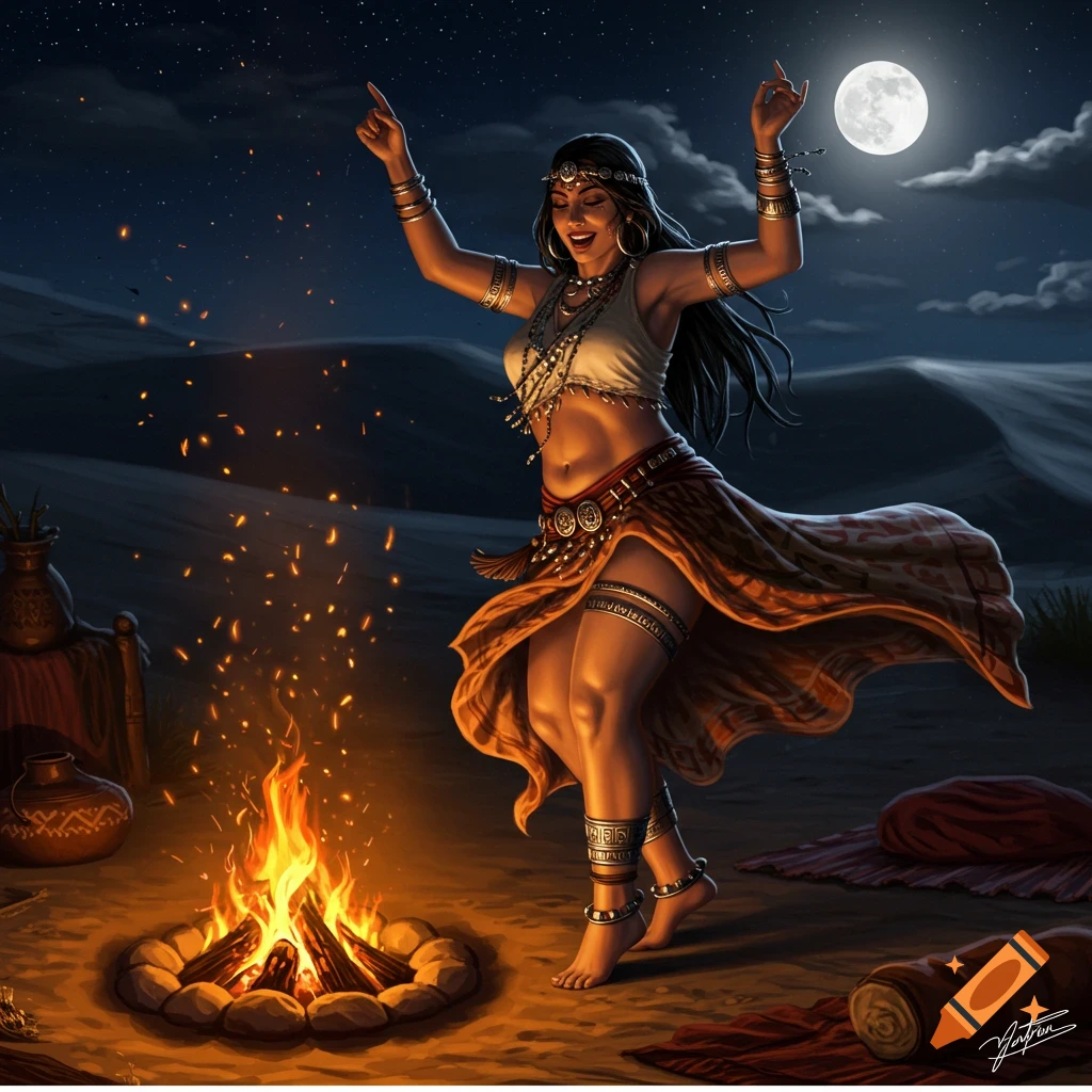 A woman is dancing by a campfire in the desert under the moon.