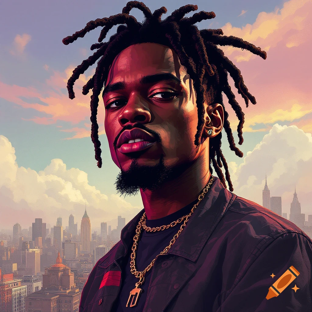 Portrait of a man with dreadlocks and gold chain against a cityscape and sunset sky.
