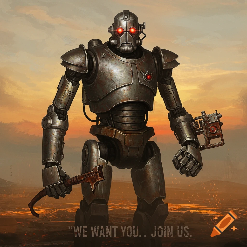 A rusty metal robot with glowing red eyes stands in a hazy, post-apocalyptic landscape holding a hammer and device. Text reads "WE WANT YOU.. JOIN US."