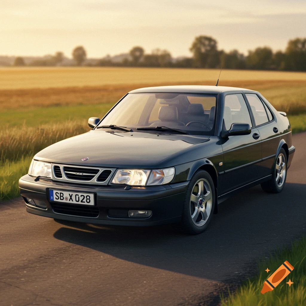 A dark Saab 9-3 car drives on a rural road past a golden field at sunset.