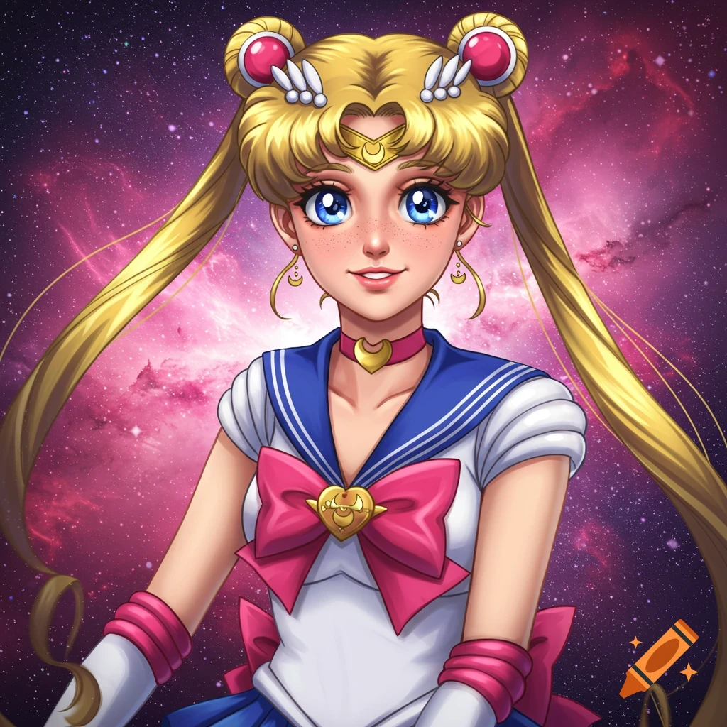 Anime portrait of Sailor Moon against a galaxy background