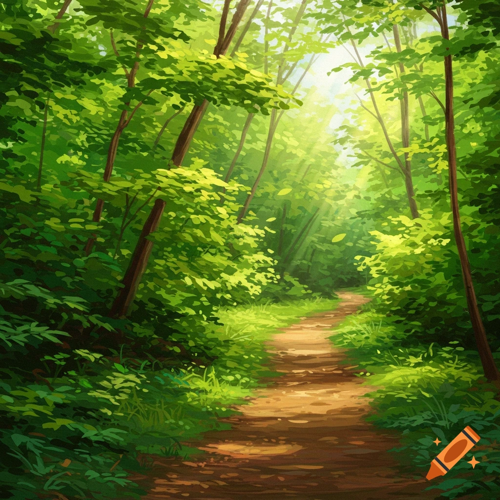A winding path through a sunlit green forest.
