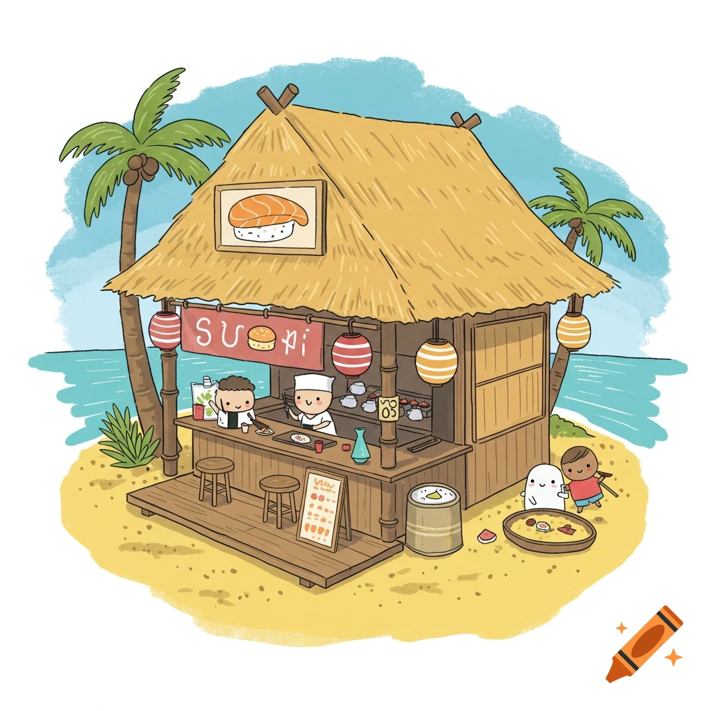 Cartoon illustration of a sushi stand on a beach with characters