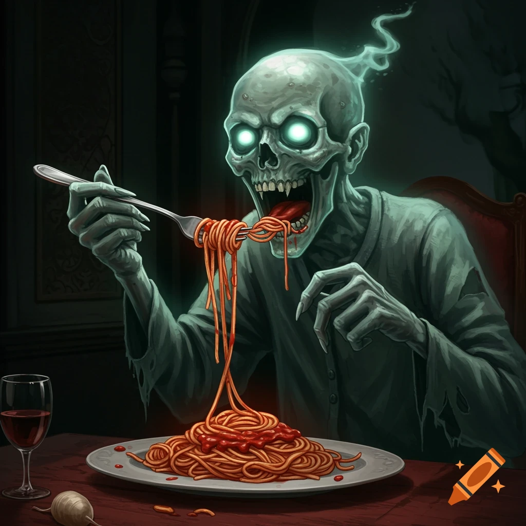 A spectral ghost with glowing eyes is eating spaghetti in a dark dining room.