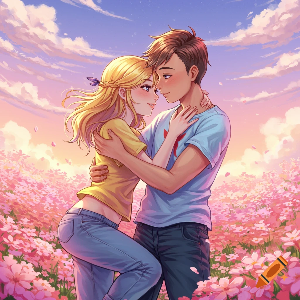 Anime couple embracing in a field of pink flowers at sunset