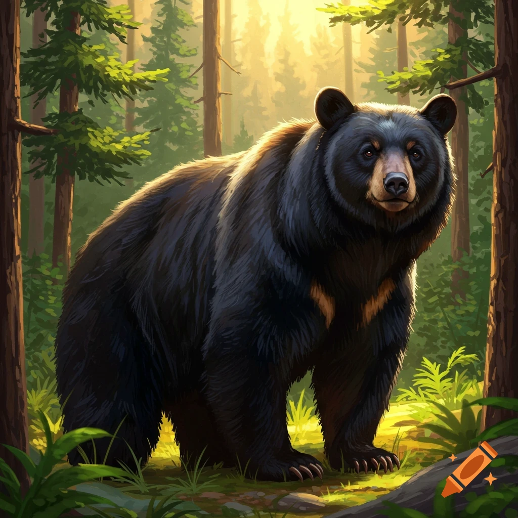 A black bear stands in a sunlit forest clearing.