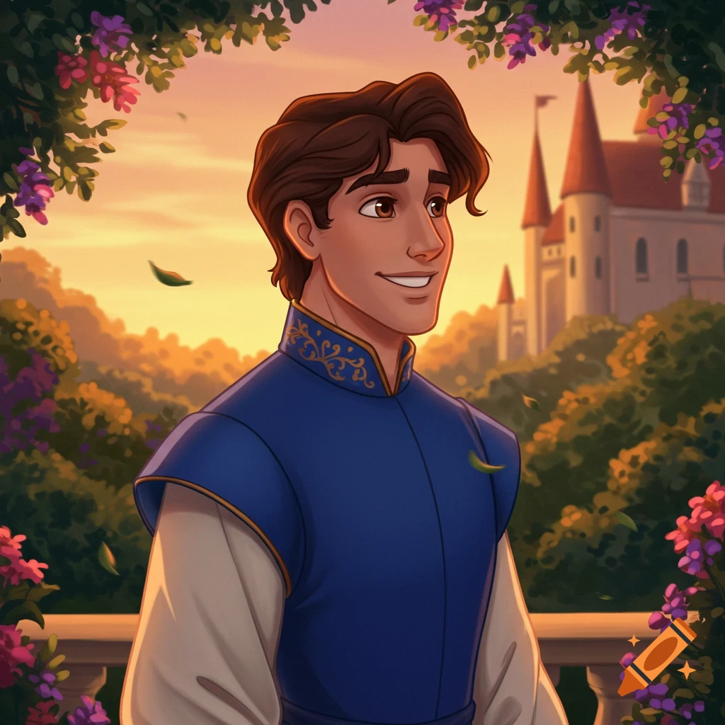 A young prince is in a garden with a castle.