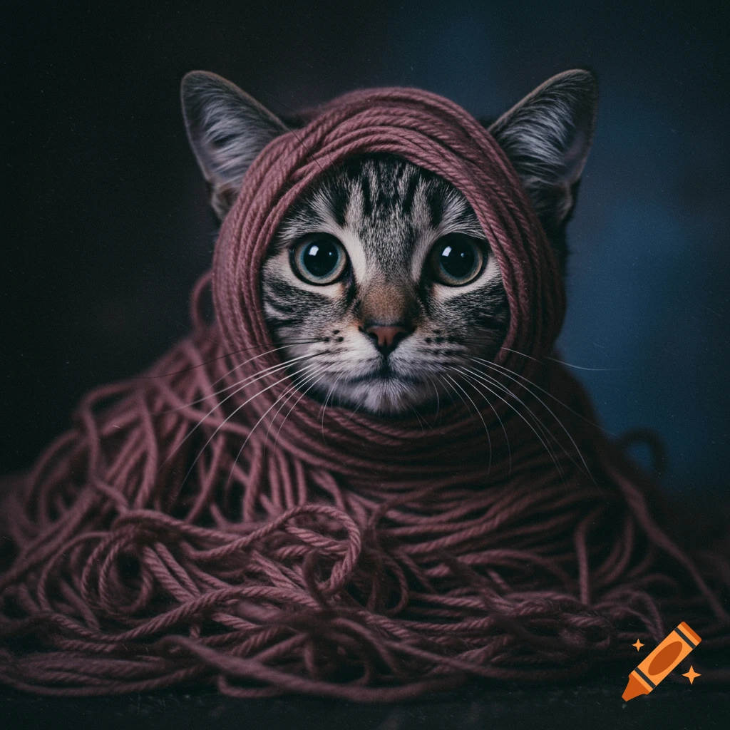Close-up photorealistic portrait of a tabby cat with big eyes, wrapped in pink yarn.