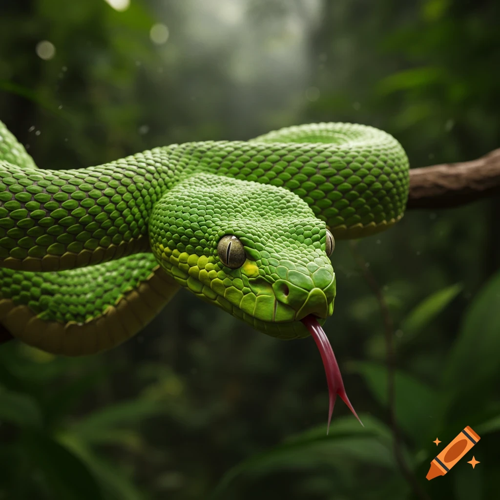 Close-up of a green pit viper snake on a branch with its tongue out in a lush forest.