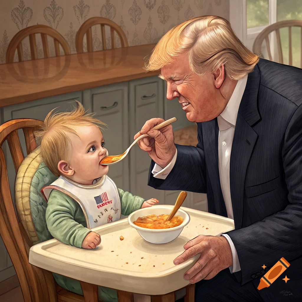 Donald Trump spoon-feeds a baby in a high chair.