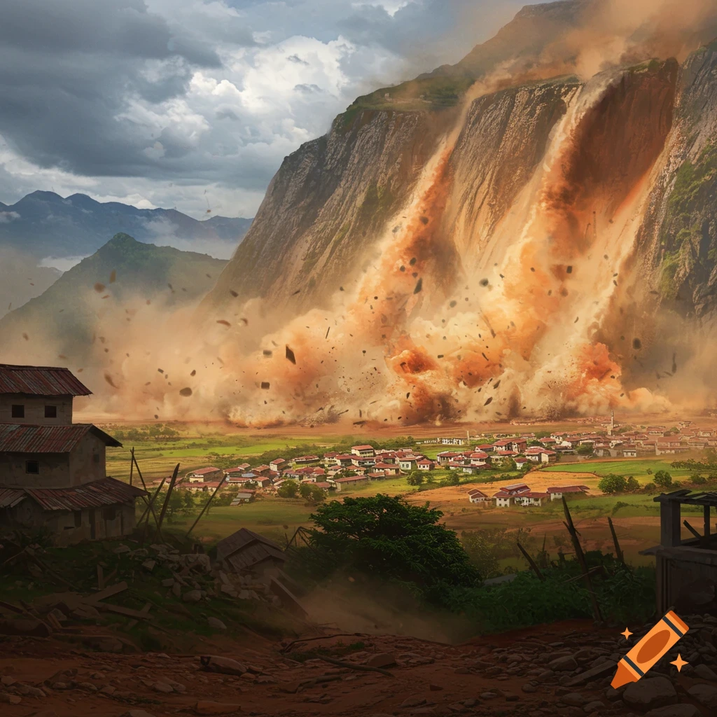 A massive landslide rushes down a mountain towards a village below.