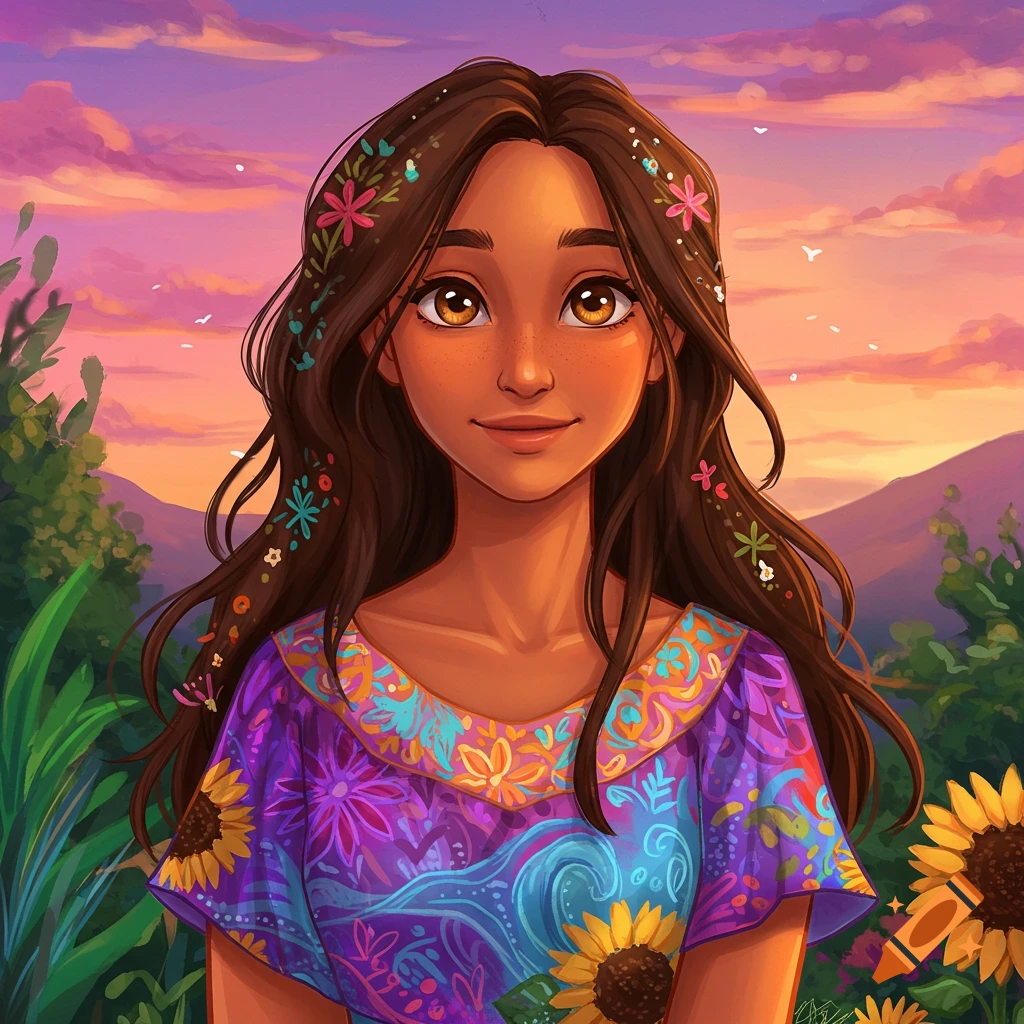 A young woman with flowers in her hair and a colorful dress is smiling in a sunset landscape.