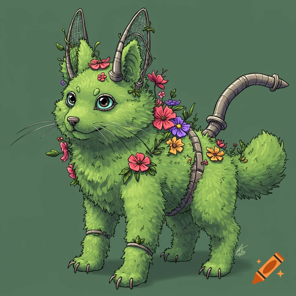 Cartoony illustration of a fluffy green creature with wire mesh ears, hose tail, and flowers.
