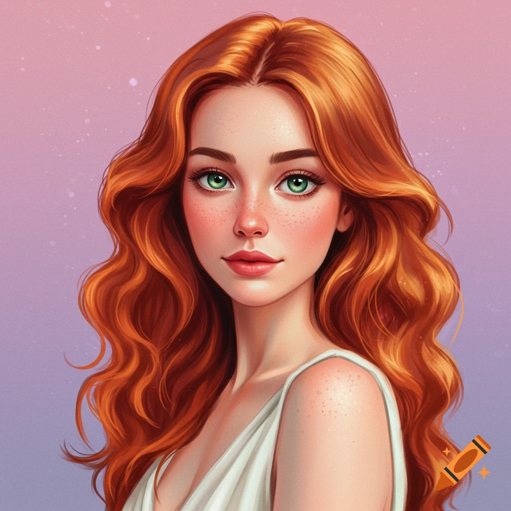A woman with red hair, green eyes, and freckles