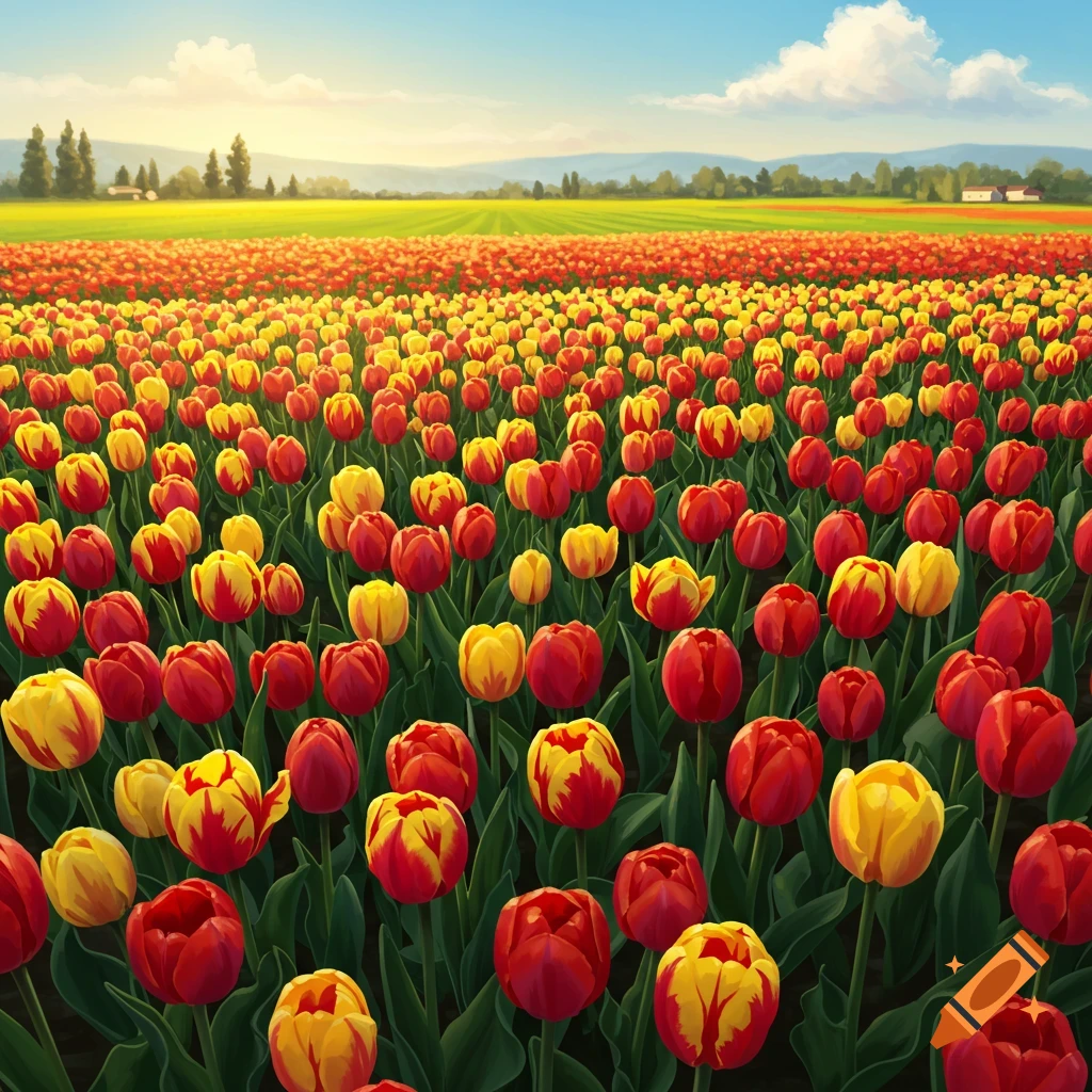 A vast field filled with red and yellow tulips under a sunny sky.
