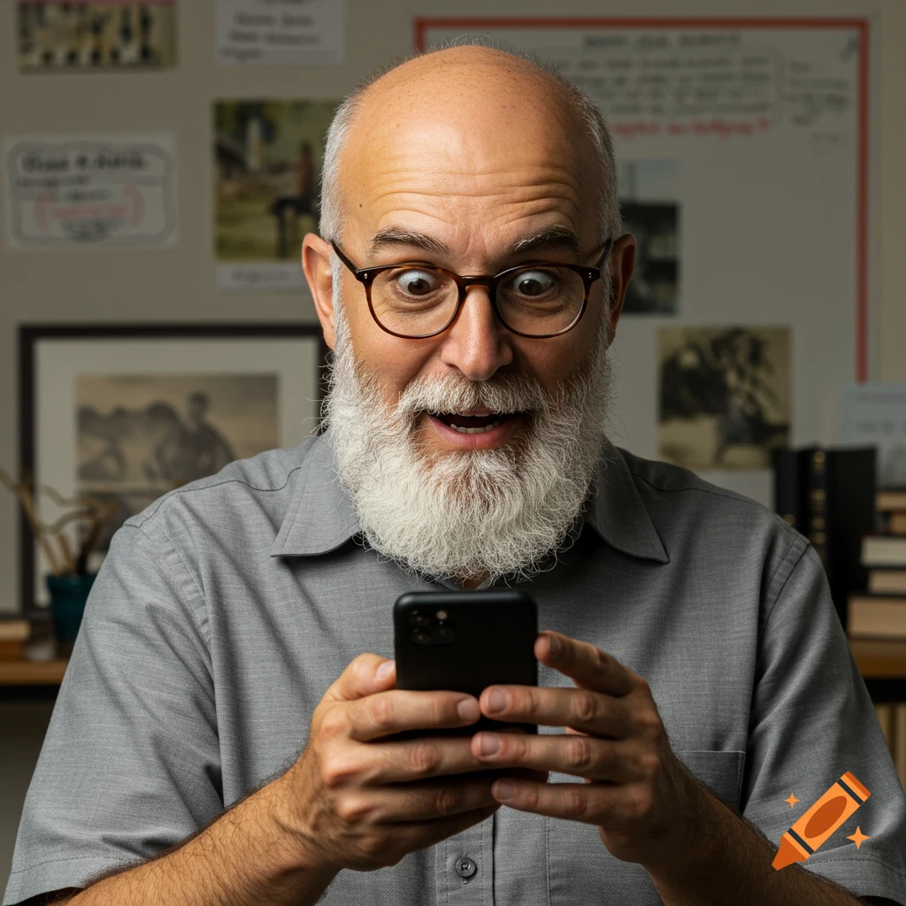 A surprised bald man with a white beard and glasses looks at his phone.