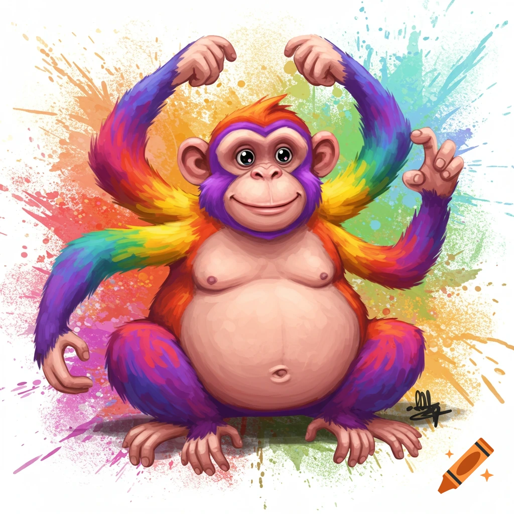 A fat monkey with multiple rainbow-colored limbs and colorful paint splashes.