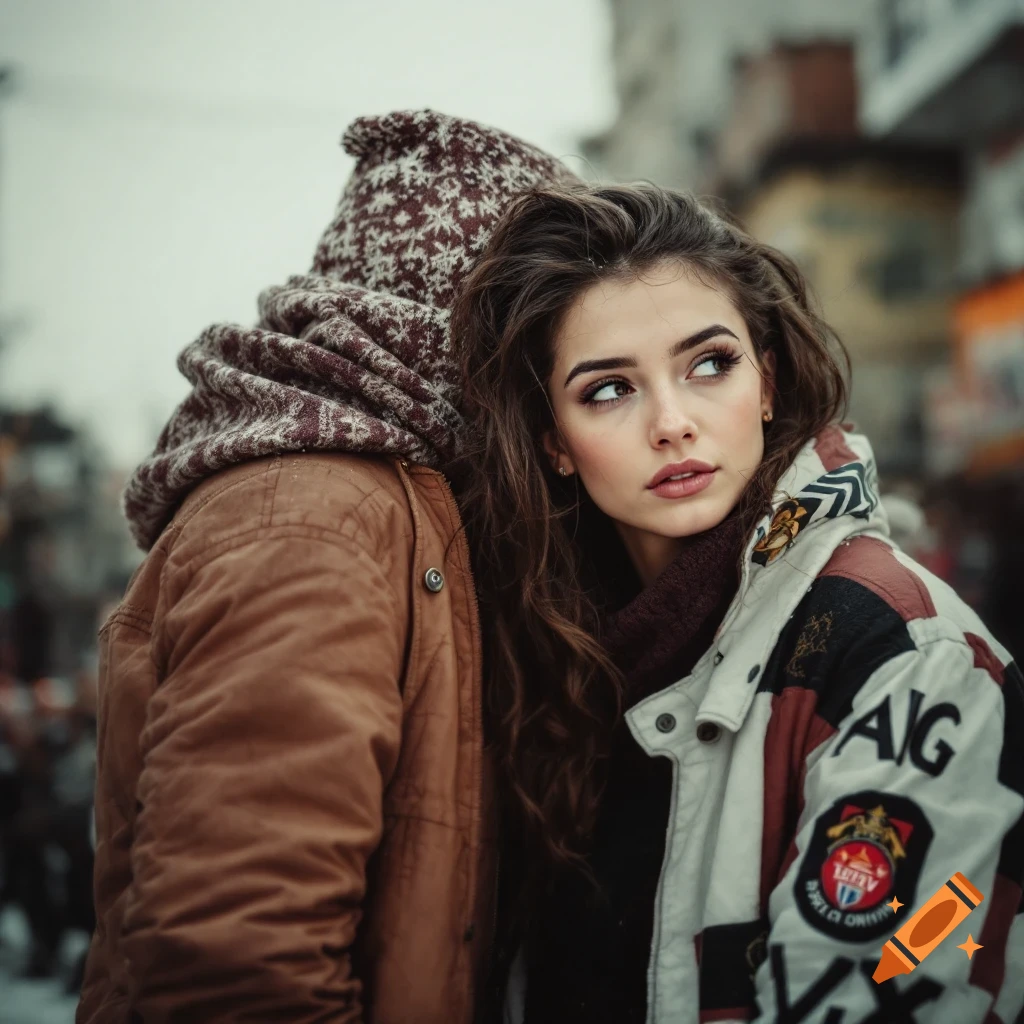 A young woman in a patterned winter jacket with patches looks upwards, standing next to another person in a brown jacket in a snowy outdoor scene.