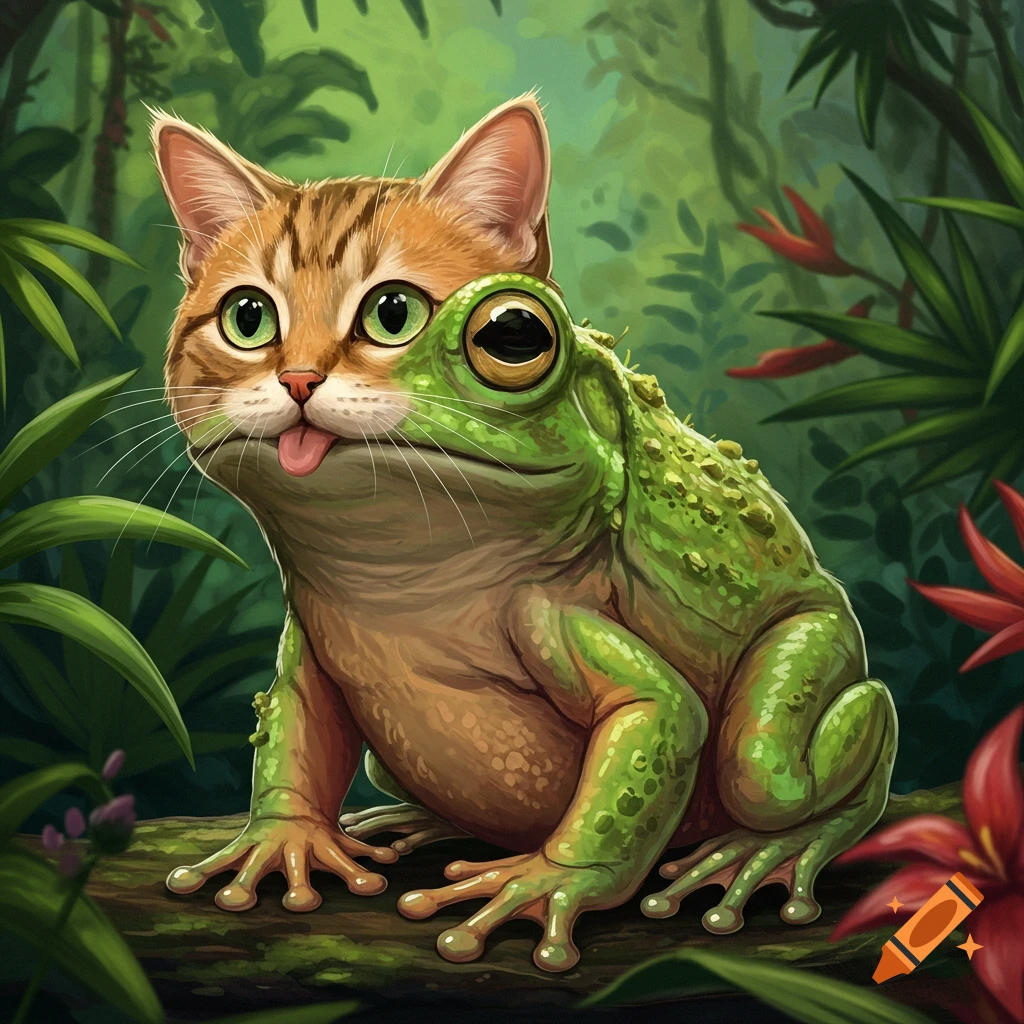 A half cat, half frog creature sits on a log in a jungle.