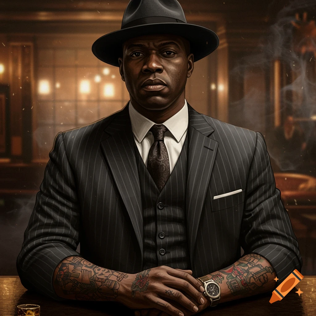 A man in a pinstripe suit, vest, and fedora hat, with tattooed arms, sitting at a table.