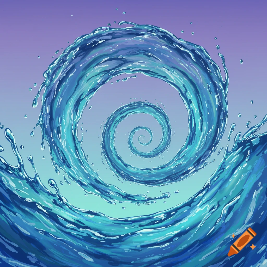 A blue water spiral against a gradient sky.