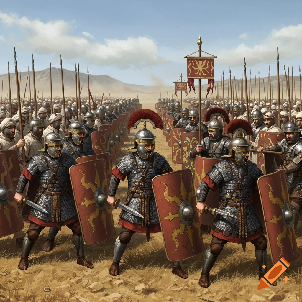 Roman legionnaires and other warriors in a desert battle formation.