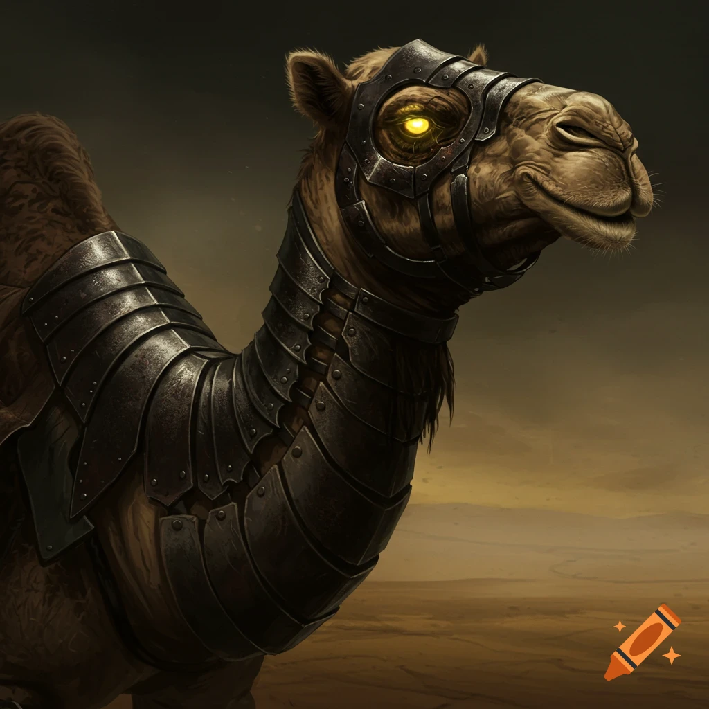 A camel wearing dark metal armor with a glowing yellow eye through its mask.