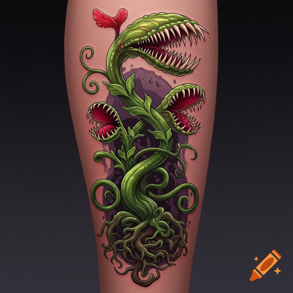 A tall carnivorous plant tattoo is visible on a leg. on Craiyon