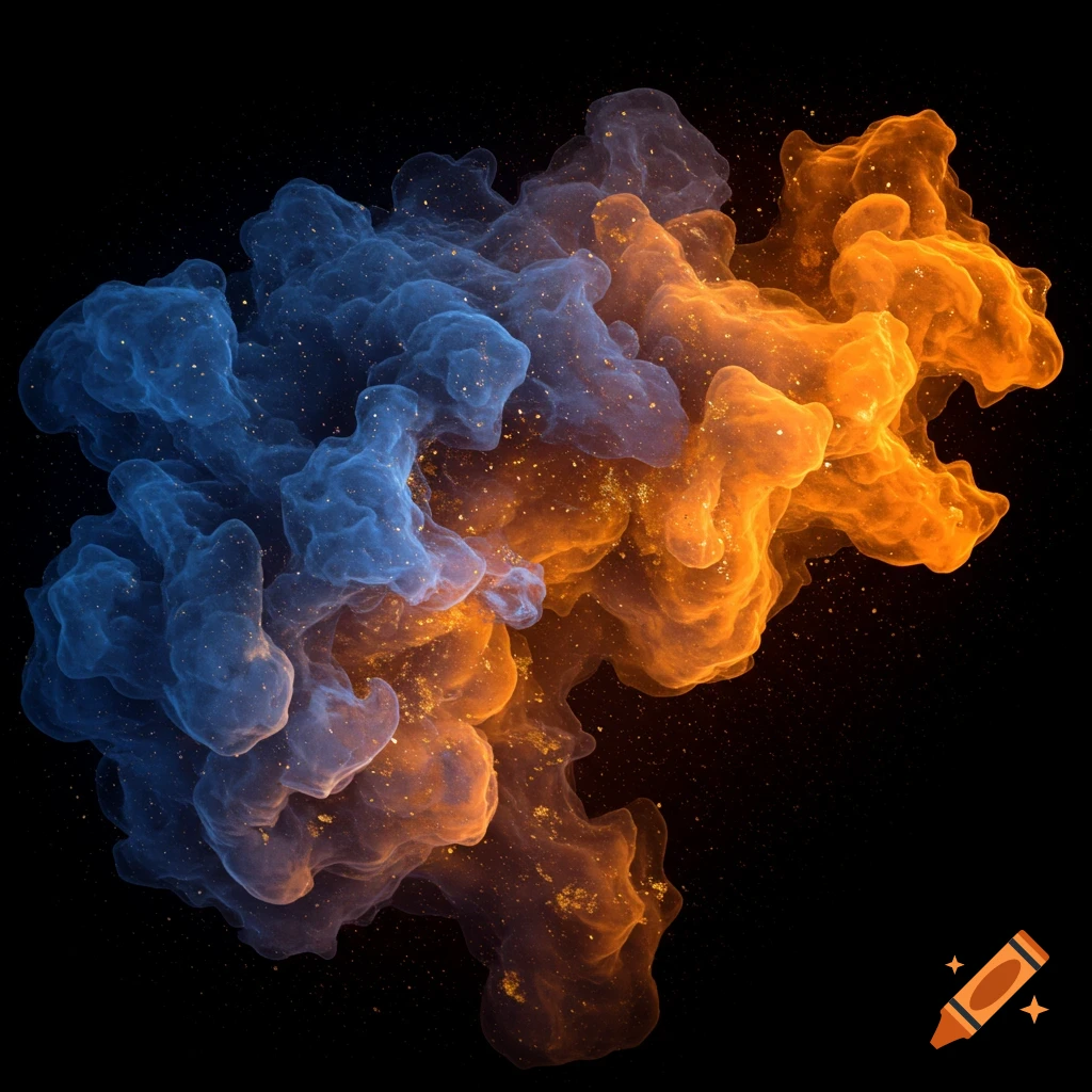 Abstract of swirling blue and orange clouds with golden particles on a black background.