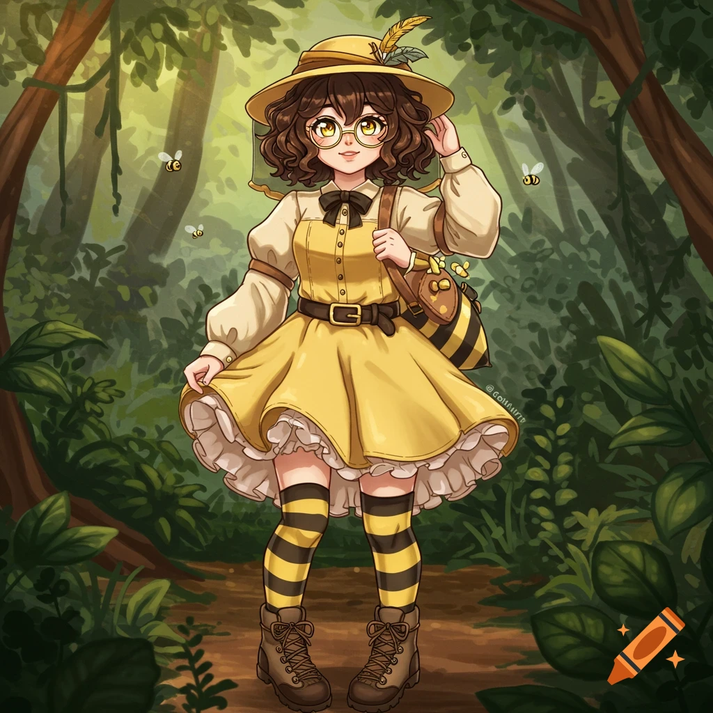 Anime girl in a yellow bee-themed dress, striped stockings, and hat stands in a forest with bees.