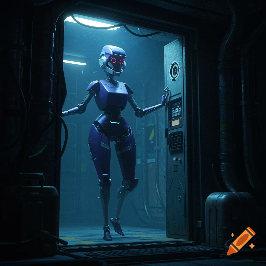 A purple and blue robot stands by a dark industrial doorway in a high-contrast cyberpunk style.