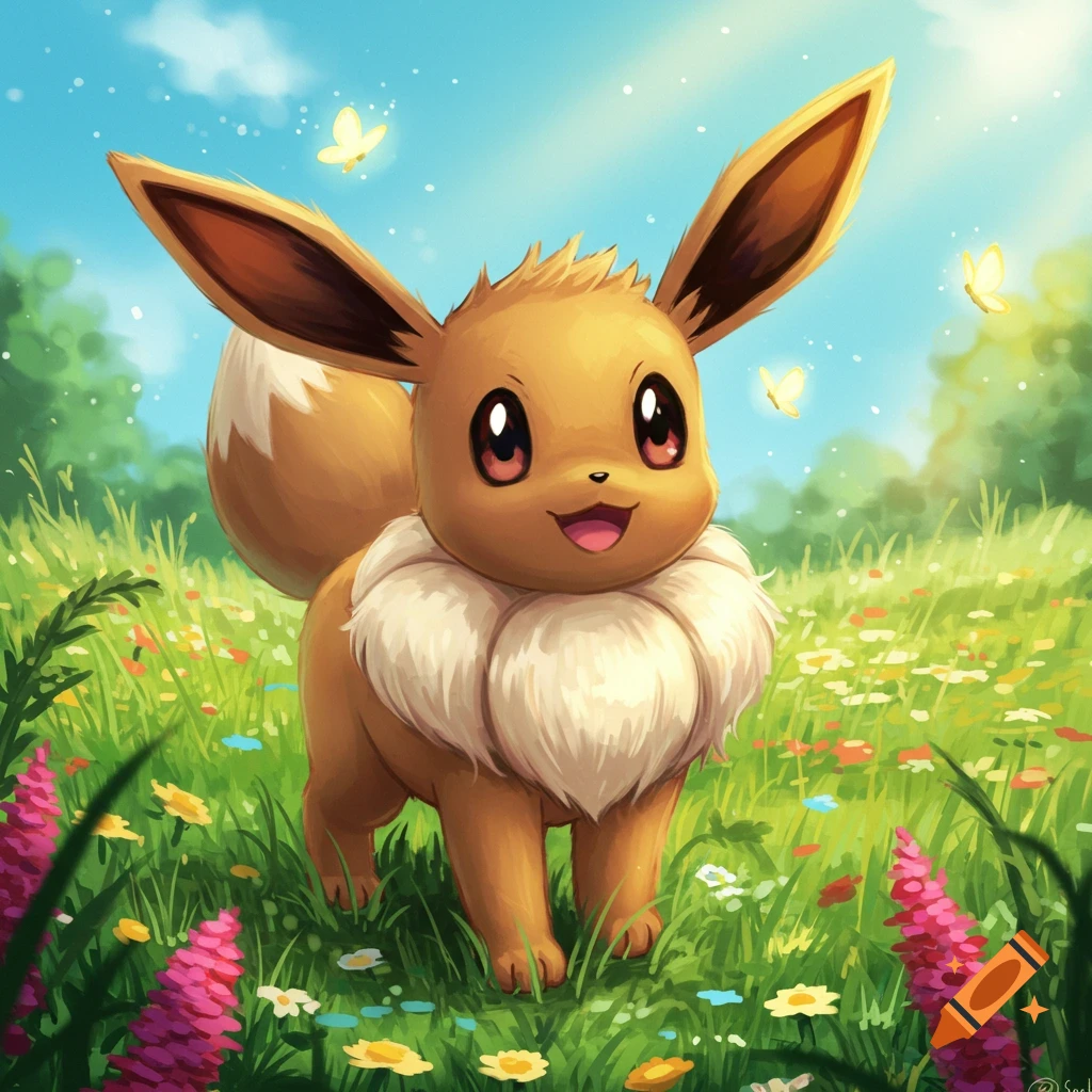 Eevee standing in a sunny field of flowers with butterflies