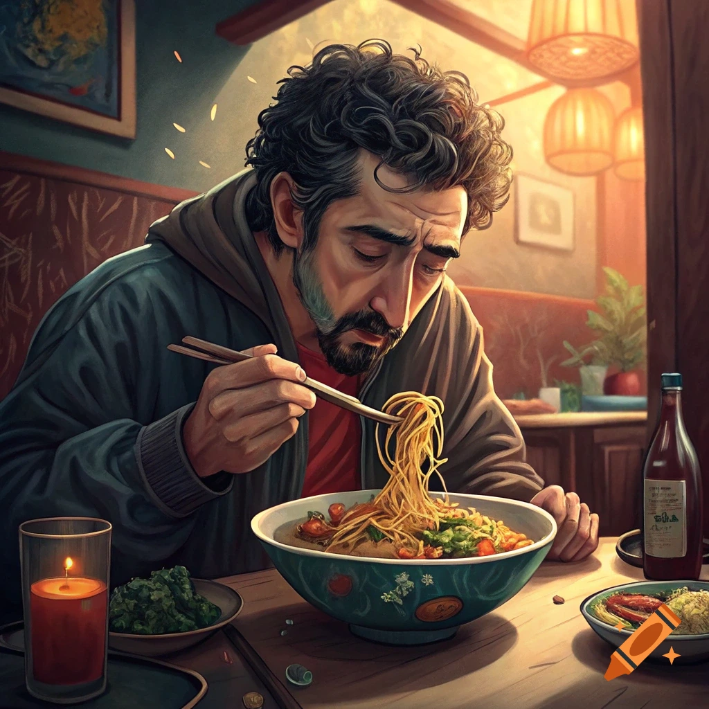 Man eating noodles with chopsticks from a bowl indoors.